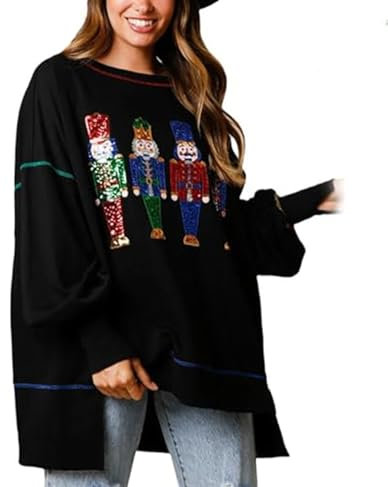 YoiTs Weihnachts-Pailletten-Nussknacker-Sweatshirt, Pailletten-Weihnachts-Sweatshirt, bedruckter, langärmliger Weihnachtspullover mit Rundhalsausschnitt (Black,XX-Large)