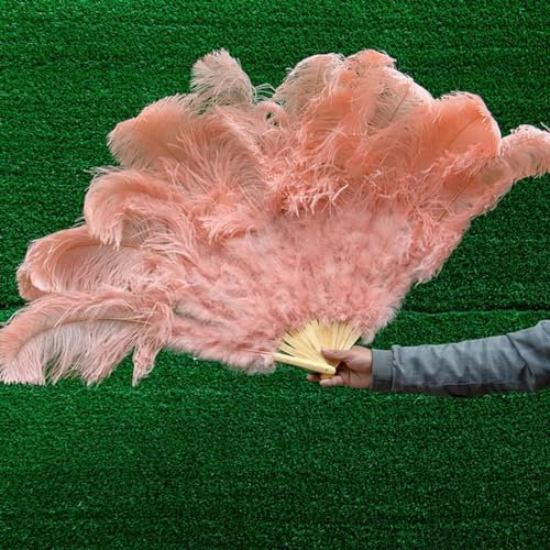 130cm White Big Fluffy Ostrich Feather Fan Large Hand Fan for Party Stage Performance Dancer Props Foldable 13Bars-Shrimp Pink