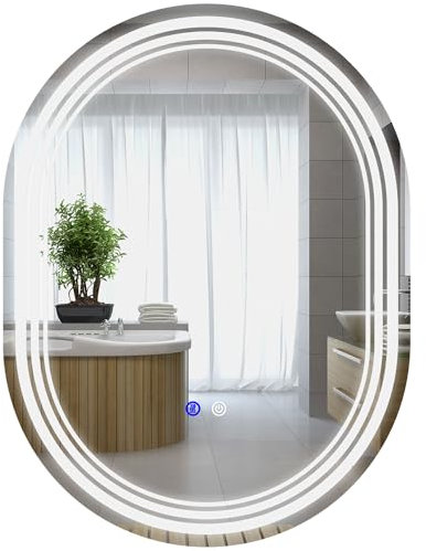 kleankin Badspiegel mit Beleuchtung, 70 x 50 cm Wandspiegel mit Touch-Schlater, Badezimmerspiegel mit 3 LED Lichtfarben, Anti-Beschlag, Memory-Funktion, IP44, Horizontal/Vertikal