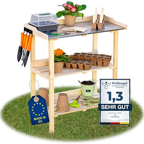 ITA Banco da Giardinaggio - Tavolo da Lavoro con Piano in lamiera zincata - Resistente alle intemperie - Made in EU - Direttamente dal Produttore - Certificato FSC - 76x38x89 cm Naturale