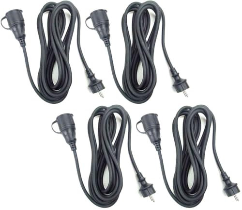 GLT 4 x Paccs 5 m Schuko Gummi Verlängerungskabel IP44 H07RN-F 3G1,5, schwarz, für den Außenbereich und den Einsatz auf Baustellen