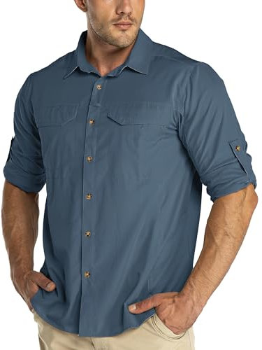 33,000ft Funktionshemd Herren UPF50+ UV-Schutz Langarm Hemd Atmungsaktiv Button-Down-Hemd Outdoor Sportliches Freizeithemd Angelhemd Für Männer Stahlblau M