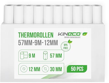Kineco Ec-Cash Kassenrollen 57mm x 9m x 12mm - Thermorollen, Thermopapier, Bonrollen für Bankomat - Kredit-Kartenlesegeräte (57x30x12) 50 Rollen