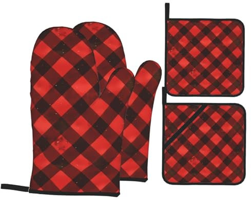 YYHWHJDE Lot de 4 maniques et maniques à carreaux de buffle rouge et noir : épais et durable, anti-brûlure et isolant thermique