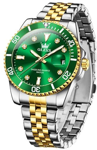 OLEVS Watches for Men Klassisches Grün Luxus Diamant Uhren Herren Zweifarbig Edelstahl Stylish Analoger Quarzuhr Herren Großes Gesicht Leicht Zu Lesen Wasserdicht Vergrößern Datum Uhren