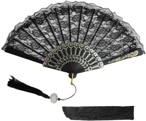 Hugwait Elegant Black Lace Folding Hand Fan for Women, Vintage Fabric Handheld Fan with Tassel, Ideal for Parties, Dancing, Cosplay, and Home Decoration-23cm