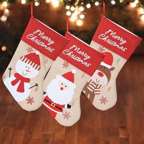 MIJOMA 3-teiliges Set Weihnachtsstrümpfe - Nikolausstrumpf und Nikolausstiefel zum Befüllen und Aufhängen, Geschenkbeutel und Weihnachtsdekoration, 40cm, Jute & Filz, Rentier, Santa und Schneemann