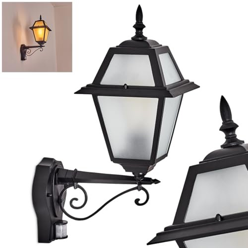HOFSTEIN Außenwandleuchte Fornelos, Außenwandlampe mit Bewegungsmelder aus Metall/Glas in Schwarz/Weiß, Wandleuchte außen im Vintage/Antik/Landhaus-Design, Garten, Außenbereich, Terrasse, E27, IP44