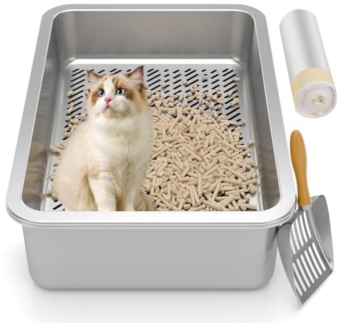 XL Stainless Steel Sifting Litter Box for Big Cats,Metal Sifting Cat Litter Box for Wood Pine Pellets,Extra Large Sifter Litter Pan System,Odor Control,Easy to Clean,with Liners and Metal Scoop