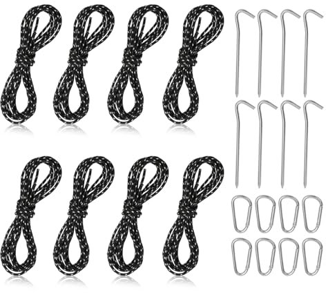 LURICO Kit Completo Accessori Tenda da Campeggio-8 Picchetti+8 Corde Rifrangenti (2m×2mm) +8 Moschettoni-Massima Resistenza, Affidabilità Totale, Solidità e Durabilità (Nero)