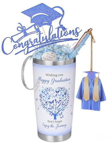 HarnyLoom Regalos Graduación 2025, Juego de Tazas Llavero Toga de Graduación Bolígrafo Caja de Regalo para Graduacion Tarjetas de Felicitación Gorro para Universidad Secundaria Amigos (Azul)