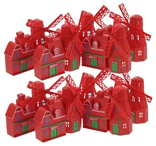HEALSOPTHY 10pcs Mini Red Dutch Windmill Figurines and Mini Cottage Sculptures, Plastic Fairy Garden Accessories Set for Micro Landscape Decoration and Flower Pot Garden Ornaments