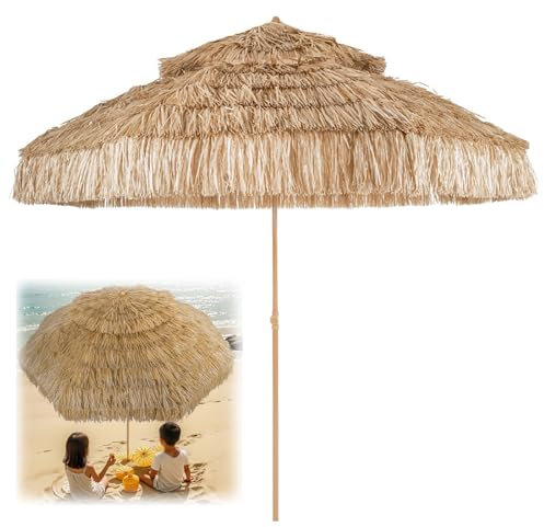 YAVYAV 270cm Sombrilla De Patio Tiki De Paja - Sombrilla De Jardín Estilo Hula Hawaiano De 2 Niveles Con 8 Varillas, UPF 50+, Para Terraza, Playa, Piscina, Patio, Color Natural