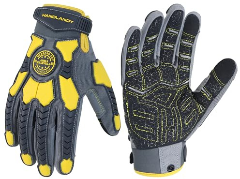 HANDLANDY Schnittfeste Handschuhe Männer Anti-Vibrations-Arbeitshandschuhe, gepolsterte Handfläche Grip Heavy Duty Arbeitshandschuhe (Grau-gelb, M)