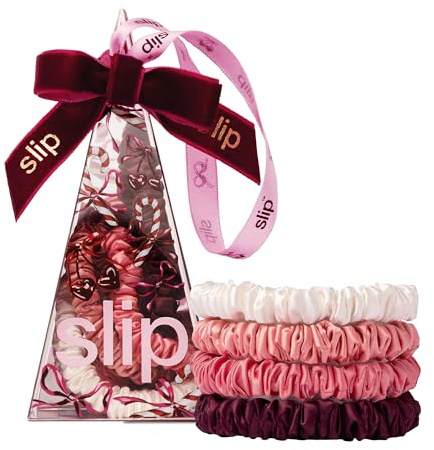 slip Skinny Scrunchies in Candy Cane Ornament Packaging: Anti-Crease, Anti-Breakage Slipsilk™ Design Protects Delicate Hair | Includes 4 Pure Silk Scrunchies