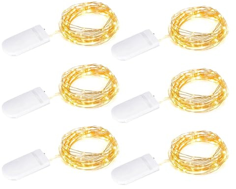 Kaleora LED Lichterkette mit Batterie, 6 Stück 2M 20 LED Micro Lichterkette mit Batterie, WarmWeiß Kupferdraht Lichterketten für Party, Hochzeit, Weihnachten, Halloween, Flasche Deko