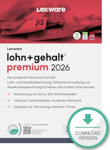 Lexware lohn+gehalt Premium 2026 (365 Tage)| Einfache Lohn- und Gehaltsabrechnungs-Software |5 Geräte | PC Aktivierungscode per Email