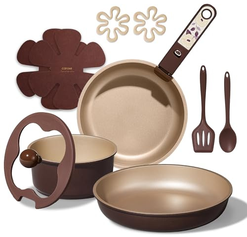 CAROTE 11pcs Ceramic Cookware Set, Pots and Pans Set Non stick, Induction Kitchen Cookware with Removable Handle, Dishwasher & Oven Safe, RV/Camping Cookware, PFAS Free, Brown