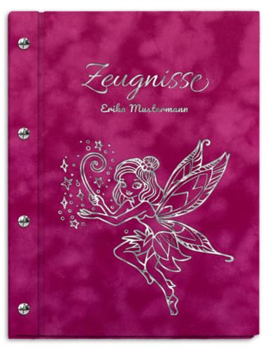 Personalisierbare Zeugnismappe in pinker Samtoptik mit eigenem Namen und Motiv - inkl. 12 Sichthüllen - Silberner Aufdruck mit individuellem Motiv selbst gestalten