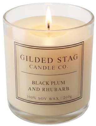 Black Plum & Rhubarb Scented Soy Wax Candle - Gilded Stag Candle Co. | Rich Fruity Home Fragrance Gift - Long Lasting 40 Hour Burn Time - 30cl Glass Jar