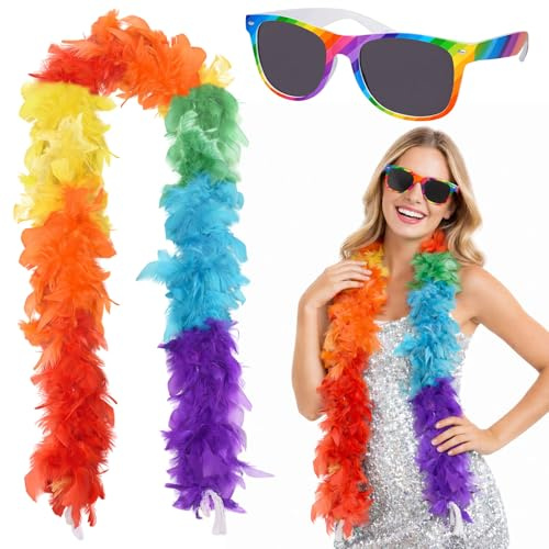 MUNSKT Feather Boa Rainbow Block Colours Approx 120 cm and 1 Pair of Colourful Sunglasses Perfect for Carnival,Halloween