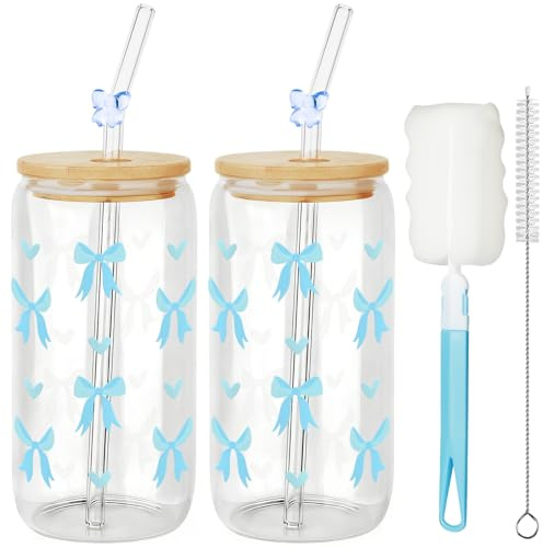 Mssushi 2 Verres Bow 500ml, Bleu Nœud Cœur | Tasses Avec Couvercle Et Paille, Pour Boissons, Cadeau Esthétique