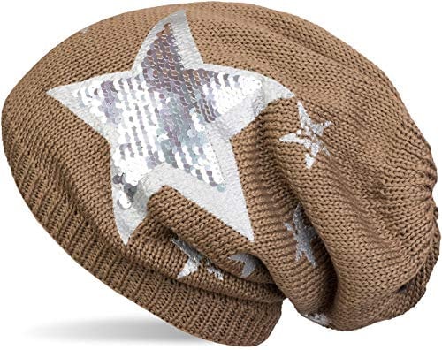 styleBREAKER warme Feinstrick Beanie Mütze mit All Over Vintage Stern Print, Pailletten Stern und sehr weichem Fleece Innenfutter 04024091, Farbe:Braun