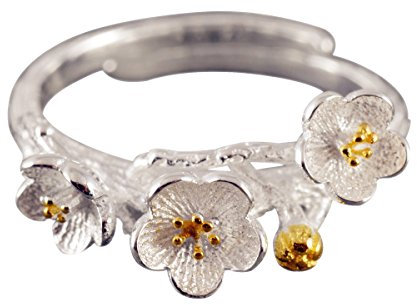 NicoWerk PREMIUM Damen Silberring aus 925 Sterling Silber - Mit zarten Blumen verziert und vergoldet - Ring verstellbar - inkl. Geschenkverpackung - Designed in Germany - SRI132