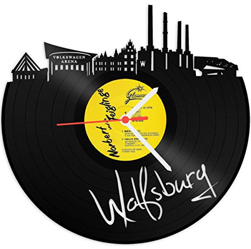 GRAVURZEILE Schallplattenuhr - Skyline Wolfsburg - Wanduhr aus gegossenem Vinyl mit Stadt Skyline 30 cm - Upcycling Design-Uhr Wand-Deko Vintage Wand-Dekoration Retro-Uhr - Made in Germany