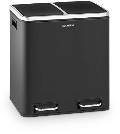 KLARSTEIN Trash Gordon Poubelle à pédale - séparateur de déchets, capacité 30 litres avec 2 bacs de 15 litres, Recycling, Matériau : PP/boîtier en inox, Poignées, acier inoxydable noir