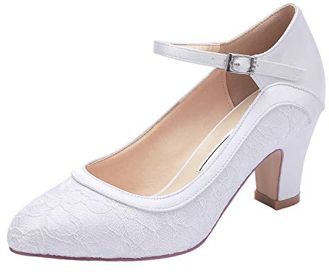 Elegantpark HC1928 Blockasbtz Hochzeit Bequem Hoch Pumps Mary Jane Satin Lace Hochzeitsschuhe Brautschuhe Weiß Gr.40