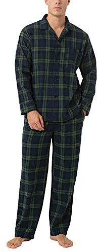 LAPASA Ensemble de Pyjama Homme Chaud & Confortable 100% Flanelle de Coton M95 Ensemble à Carreaux Vert & Bleu Marine, S