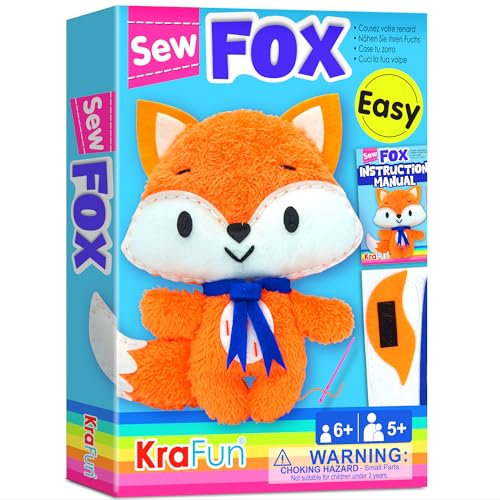 KRAFUN Kinder-Nähset für Anfänger ab 7 Jahren, Fuchs-Stoftpuppe, Plüschfilz, Anleitung, Wiederverwendbare Box, Lernspielzeug zum Nähen und Sticken