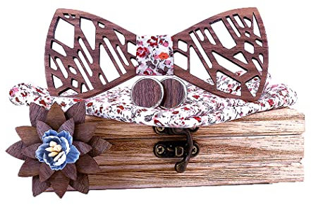 HZQIFEI Noeud Papillon Bois, Ensemble 4 Pièces Noeud Papillon en Bois + Boutons de manchette + Broche + Carré de Poche, Accessoire Mode (Style#32)