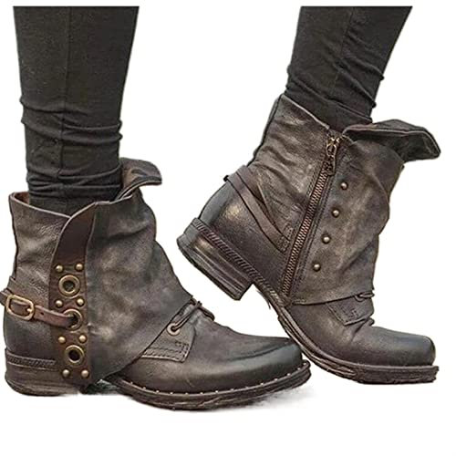 Stivali da lavoro vintage Boho for donna Stivali in pelle con borchie stringate con fibbia in metallo Avvolto Punta tonda larga Tacco grosso Tacchi bassi Stivaletti alla caviglia Rivetto boemo Inverno