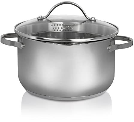 Krüger Edelstahl-Fleischtopf mit Ausguss - Kochtopf mit Ausgießhilfen - mit Induktion - hitzebeständiger Glasdeckel zum Sichtkochen - für schonendes Garen, Dünsten & Braten (20 cm)