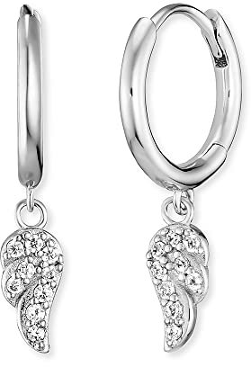 Engelsrufer Damen Creole aus Sterling Silber mit einem silbernen beweglichen Flügelchen - besetzt mit Zirkonia Steinen - Clipverschluss - nickelfrei - Größe: 23mm