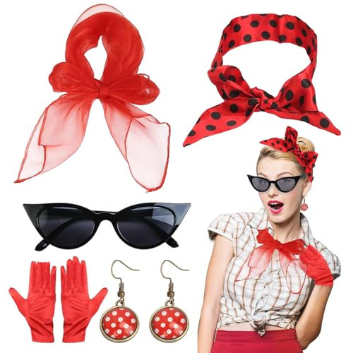 NHYDZSZ 5TLG Rockabilly Accessoires Damen,1950s Kostüm Set,50er Jahre Damen Kleid Zubehör mit Chiffon Schal, Katzen Auge Brille, Polka Dots Stirnband Ohrstecker,Handschuh, Bandana Krawatte