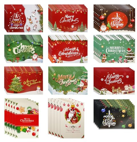 UMCHU 60 Stück Weihnachtsgrußkarten, Weihnachtspostkarten,Weihnachtskarte Klappkarten,Winterferien Weihnachtsgrußkarten,für Feiertage Neujahr Weihnachten Postkarten(12 Stile)