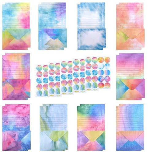 Tanstic 200Pcs (50 Sätze) 5.5 x 8.25 Zoll Aquarell Briefpapier Set mit Umschlägen und Mini Briefpapier mit rundem Punkt Aufkleber für Einladungen, Briefe