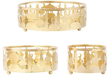 BFYDOAA 3 Tailles D'assiettes de Ramadan Dorées, Plateau de Service en Fer pour L'Aïd, Motif de Château de Mosquée Creux, Plateau Rond Musulman Islamique pour Fourniture de Fête du Ramadan Mubarak
