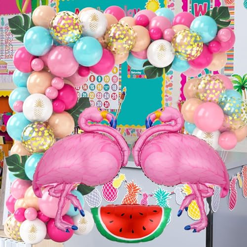 Hawaiian Balloon Garland Arch Kit, Summer Tropical Party Decorations with Flamingo, Watermelon Palm Leaves Pineapple Balloons for Tiki Beach Pool Jungle BBQ Birthday Party Decorations