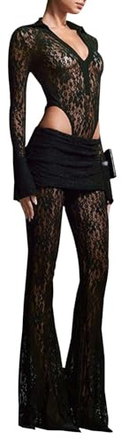 KBOPLEMQ Tuta da donna per il tempo libero, in due pezzi, Y2K, set sexy in pizzo, 2 pezzi, in pizzo floreale traslucido, pantaloni lunghi a zampa, elegante e trasparente