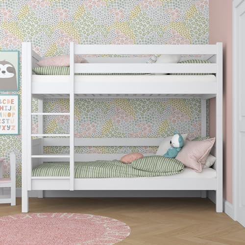 N-wood N02 Etagenbett 80x180 cm, Hochbett Holz mit Leiter, 2 Leitermontageseiten, 2 getrennte Betten, sichere abgerundete Kanten, Stabile Massivholzkonstruktion, Hochwertige Materialien, Weiß