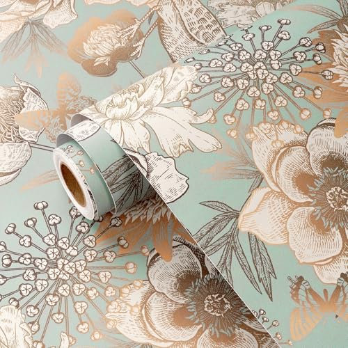 Yullpaper Papel Pintado Flores Verde Dorado Vinilo Adhesivo Muebles Papel Pintado Pared Dormitorio Papel Tapiz Autoadhesivo Con Flores y Pájaros Vintage Papel Decorativo Adhesivo Verde 44,5cm x 260cm
