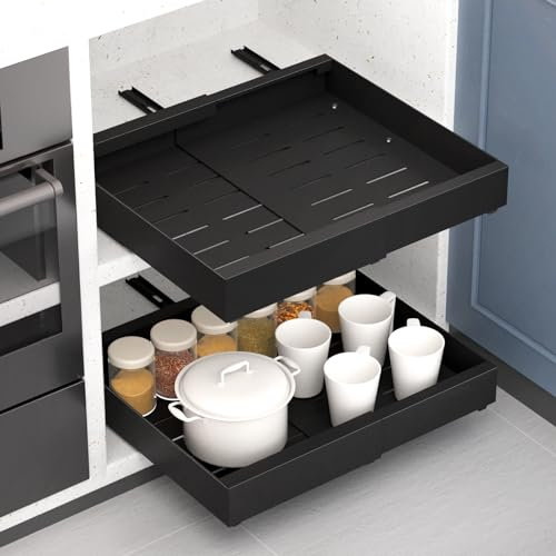 Alishomtll Teleskopschublade, Ausziehbare Schublade Küchen, Küchenschrank Verstellbare Breite, Metall Schrank Organizer Ausziehbar Kein Bohren, für Küche, Bad, Wohnzimmer 31-51x42x7cm 2 Stück Schwarz