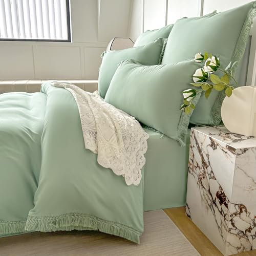 Amolavet Boho Quasten Design Salbeigrün Bettwäsche 200x200 3teilig Set aus Gebürstetem Mikrofaser Sommer Bettwäsche 200x200 Bettbezug 200 X 200 Mit Reißverschluss +2 Kissenbezüg 80x80 für Doppelbett