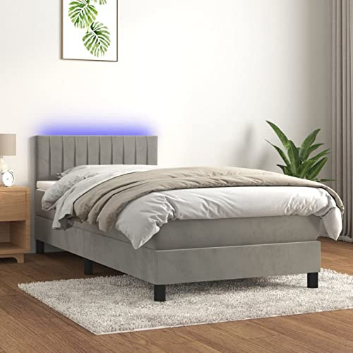 IKAYAA Boxspringbett mit Matratze LED Bett 90x200 mit matratze und lattenrost Boxspringbett 90x200 mit matratze Bett komplett mit Kopfteil Samt-Hellgrau-90 x 200 cm