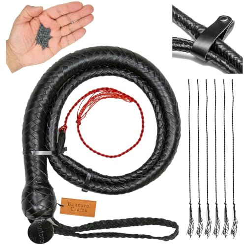 Bantoro Crafts Noir 3 Pieds / 0,90 mètre Le Fouet Serpent a des Boules de Plomb. Fouet en Cuir à craquements bruyants Tressage à 12 Tresses