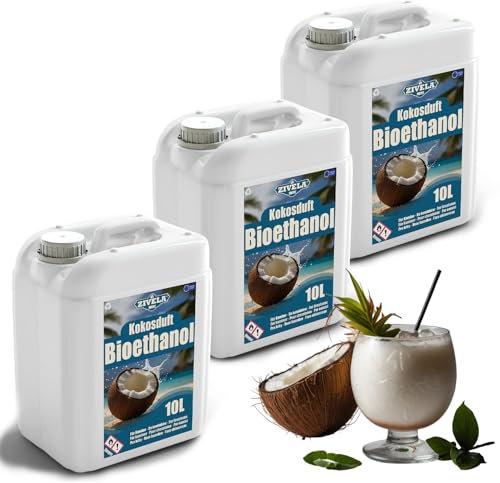 Bioetanol 96,6% 30L | Bio Alcohol Coco Aroma 96,6% 3x10L | Bioetanol para chimenea, chimenea de mesa, chimenea de bioetanol | Bioetanol Coco Aroma | Combustión limpia, sin humo, llama viva